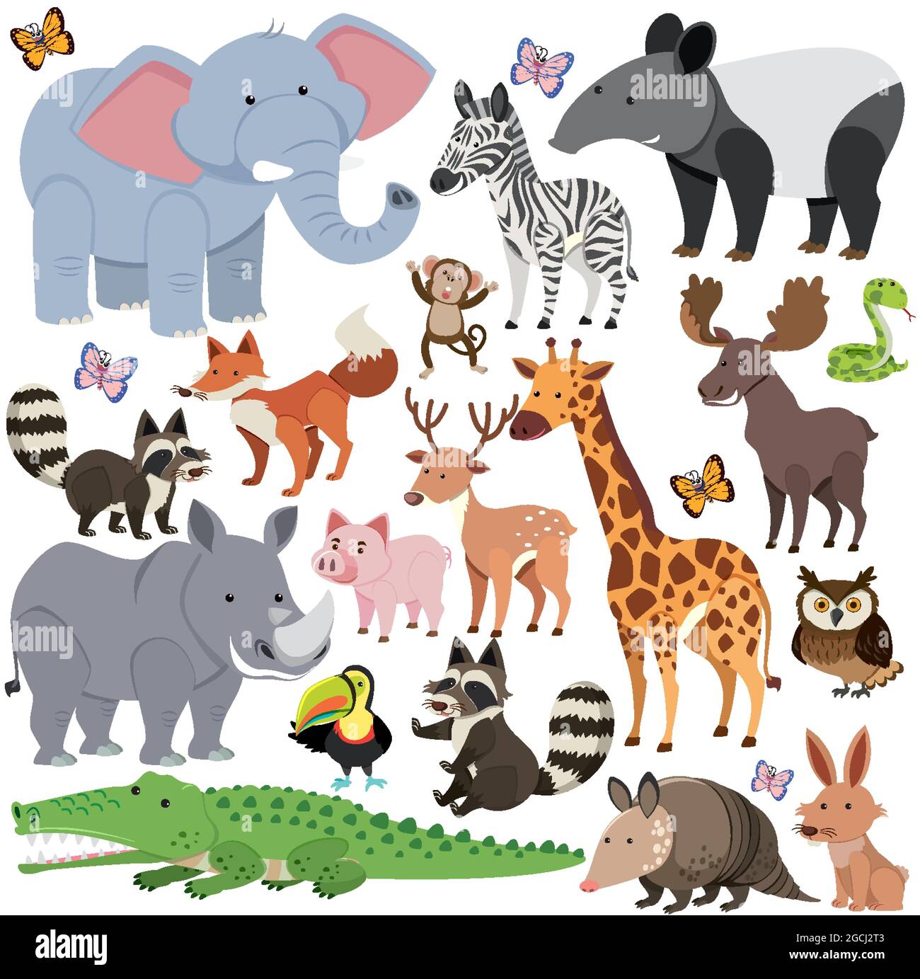 Seamless pattern with cute wild animals on white background ...