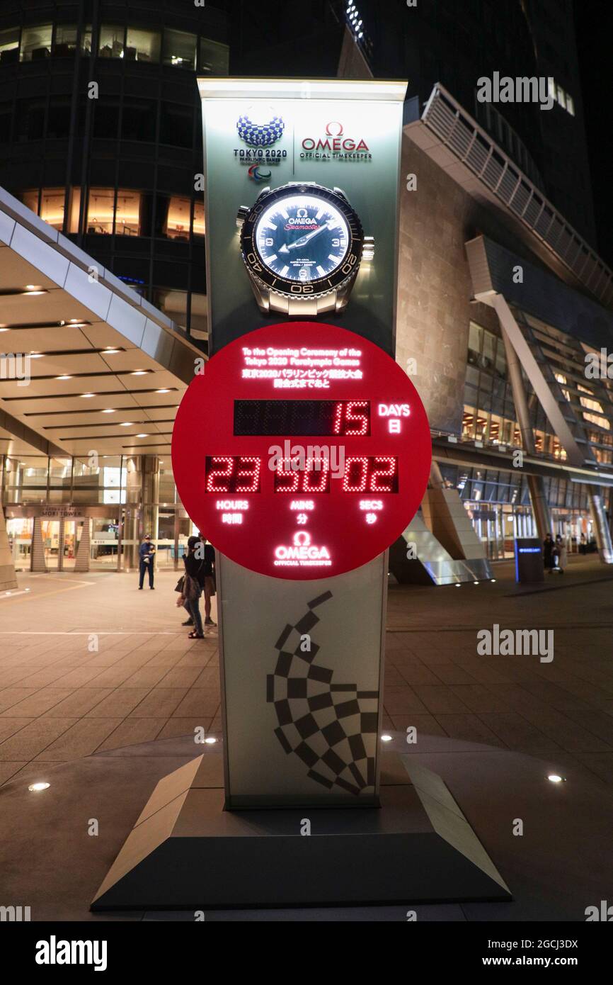 A countdown clock for the Tokyo 2020 Paralympics shows 15 days remaining on August 8, 2021 in the Roppongi Hills area in Tokyo, Japan. Credit: AFLO SPORT/Alamy Live News Stock Photo