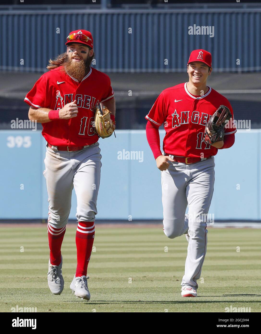 Los Angeles, United States. 08th Aug, 2021. Los Angeles Angels pitcher  Shohei Ohtani looks on from the dugout during their game with the Los  Angeles Dodgers at Dodger Stadium in Los Angeles