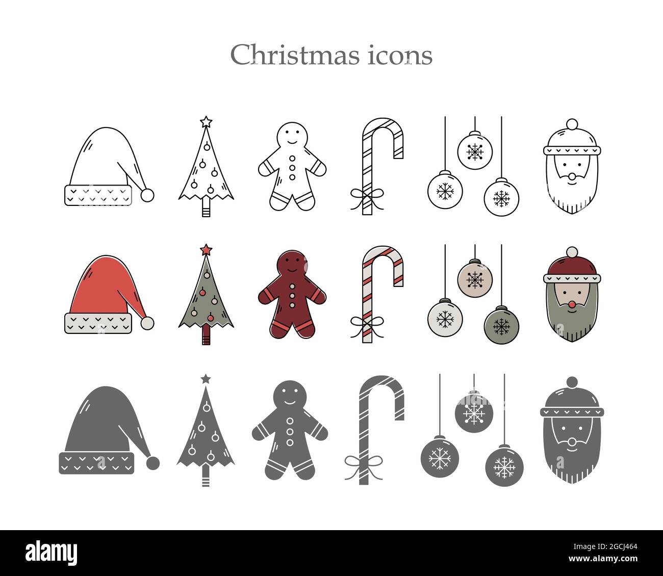 Vector set of Christmas icons in three styles. Line art, simple style ...