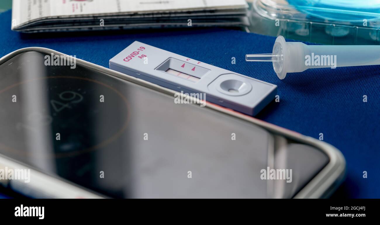 Covid 19 antigen selftest for nasal swab with positive result. Antigen