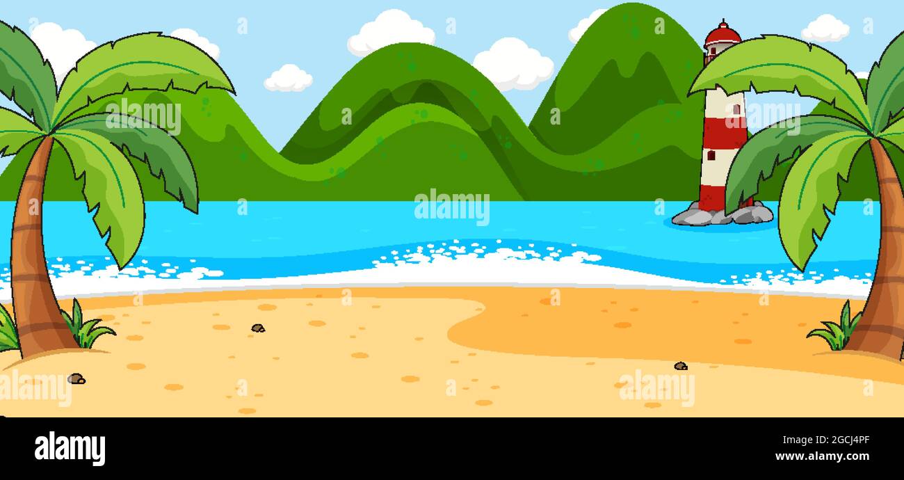 Empty beach landscape scene with many palm trees illustration Stock ...