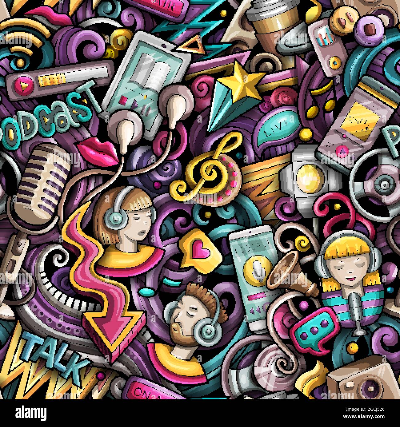 Cartoon doodles Audio content seamless pattern. Stock Vector