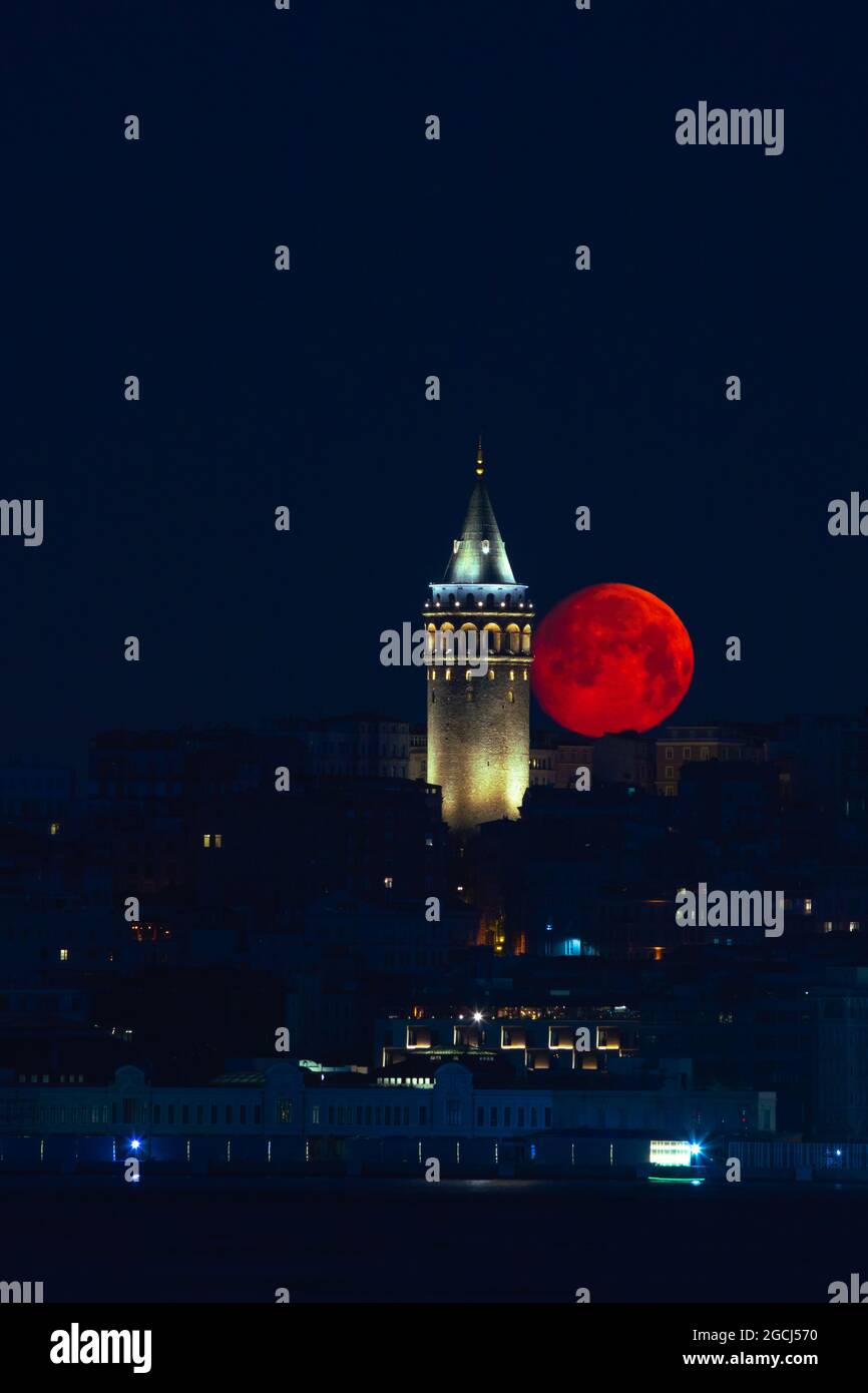 Galata Tower at moonset in Istanbul. Istanbul story background photo ...