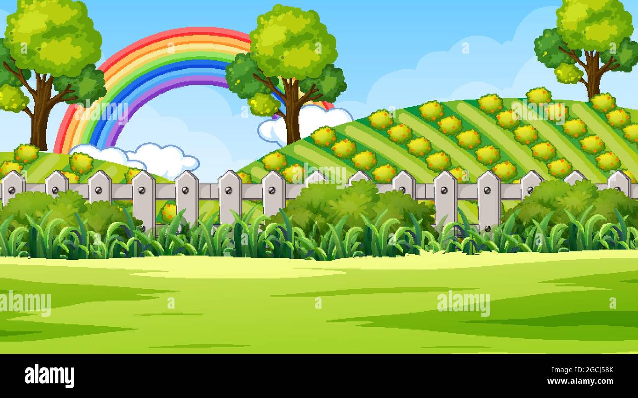 Nature park scene background with rainbow in the sky illustration Stock  Vector Image & Art - Alamy