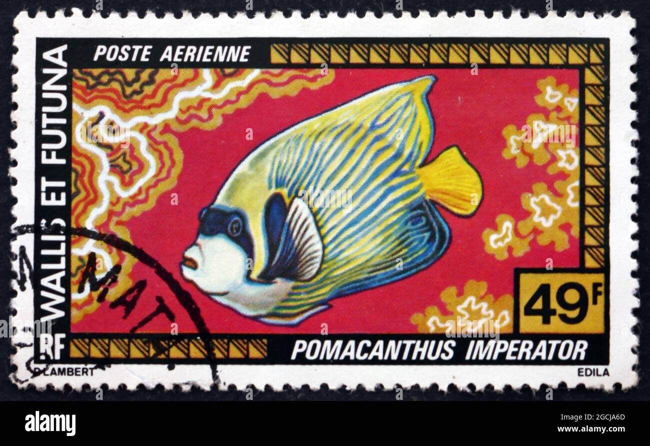 WALLIS AND FUTUNA ISLANDS - CIRCA 1998: a stamp printed in Wallis and Futuna shows emperor angelfish, pomacanthus imperator, fish, circa 1998 Stock Photo