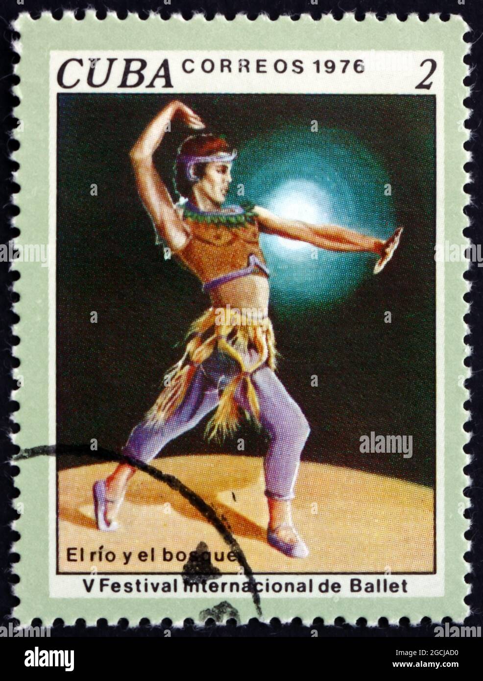 CUBA - CIRCA 1976: a stamp printed in Cuba shows scene from ballet The river and the forrest, 5th International Ballet Festival, Havana, circa 1976 Stock Photo