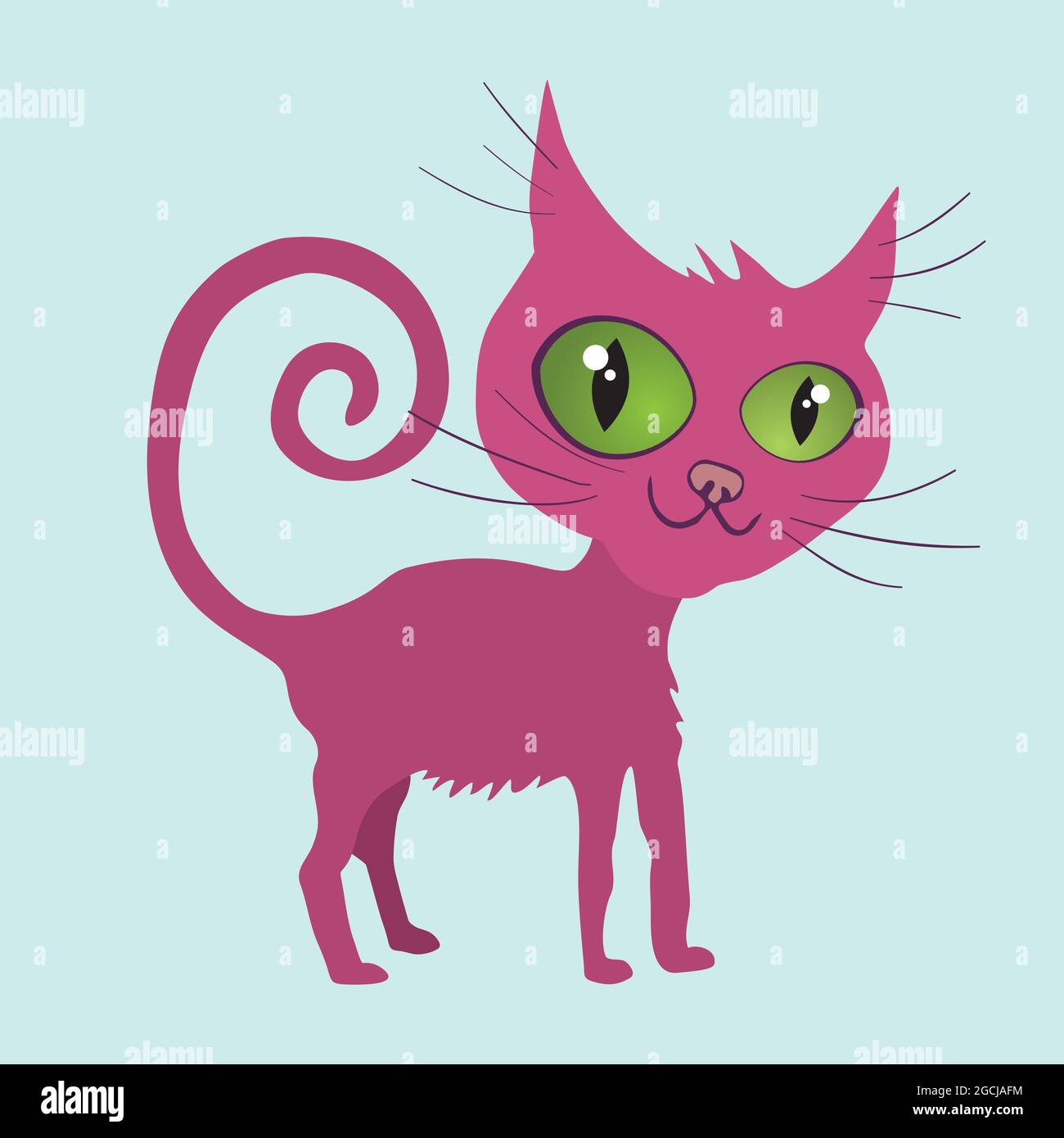 An illustration of a funny pink cat. He has big green eyes and a curly tail. Stock Vector