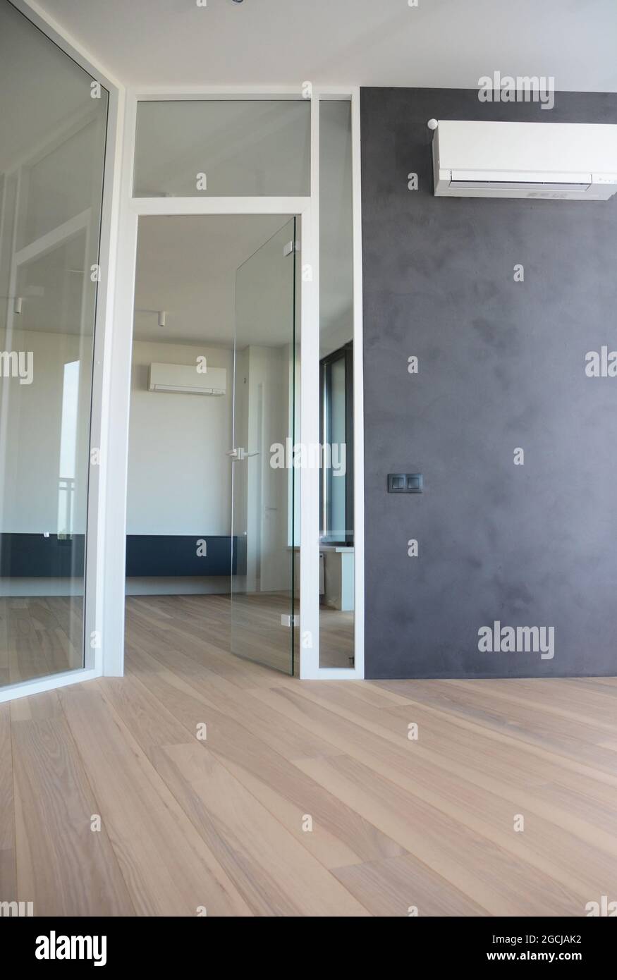 An empty modern studio apartment with a glass wall partition, divider