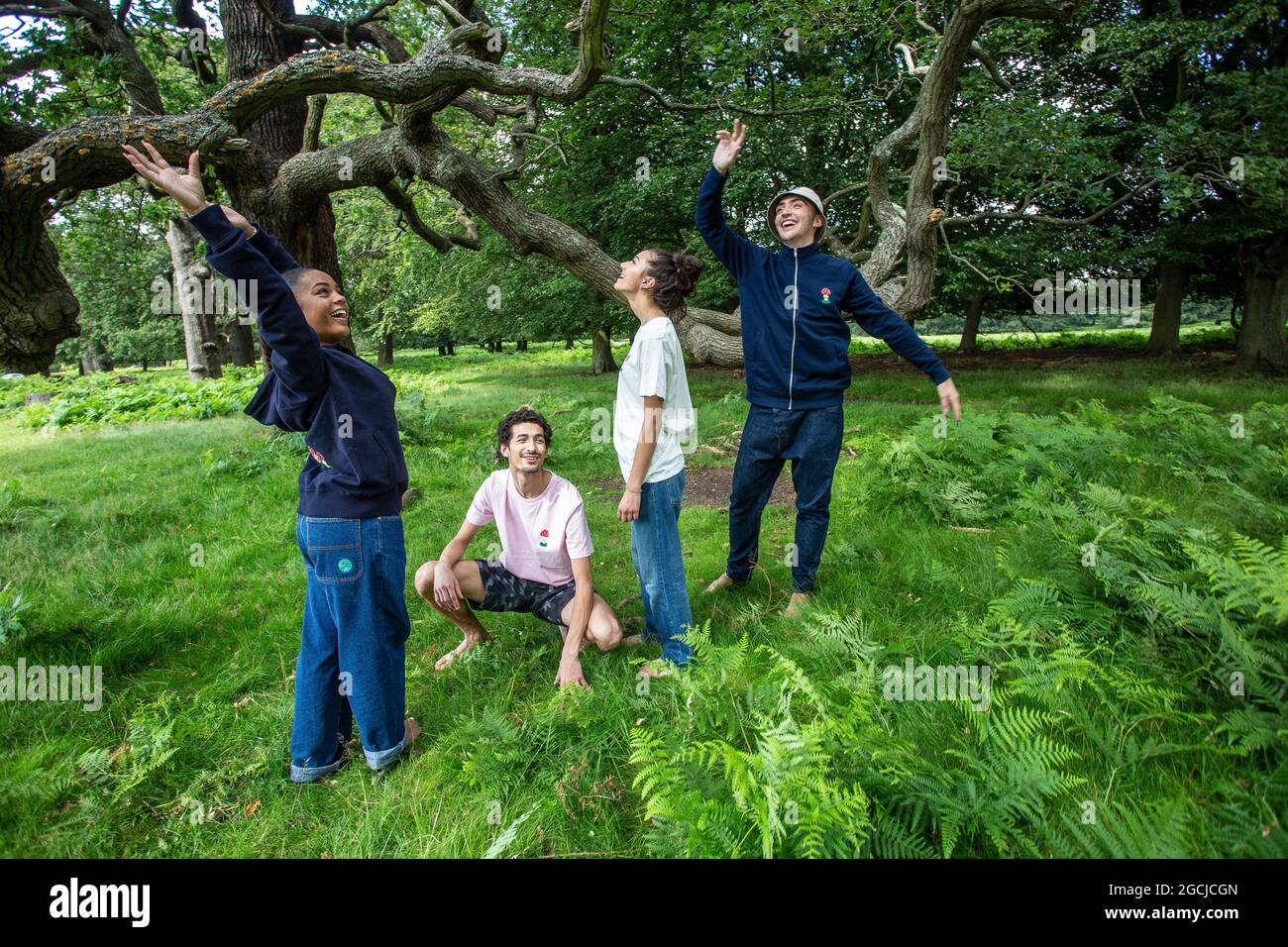 Young teenagers  looking up at a tree in the park Stock Photo