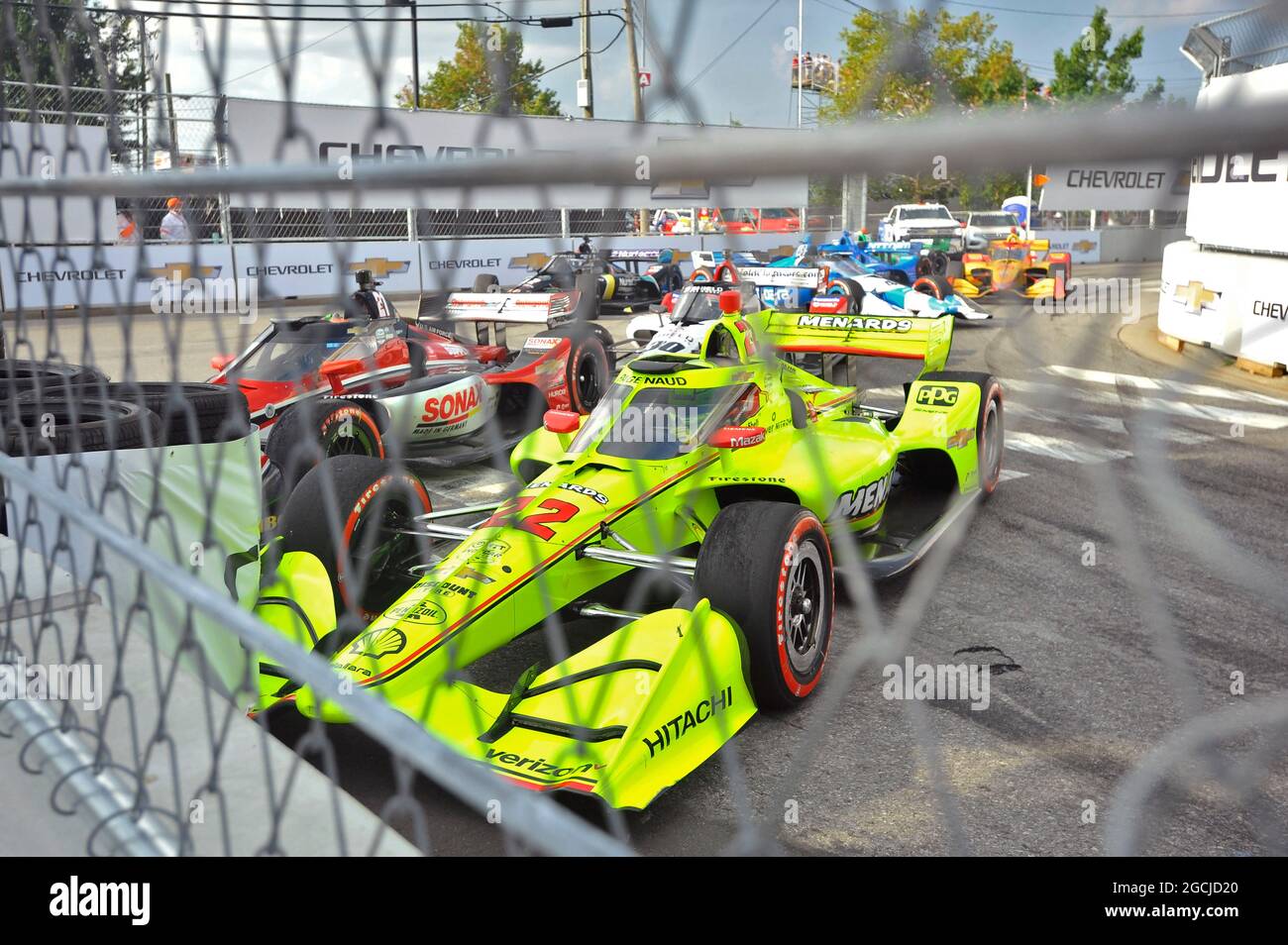 August 08, 2021: NTT IndyCar Series driver Simon PagenaudÕs Menards Team Penske (22) is one of several cars involved in a traffic jam at turn three during the inaugural Big Machine Music City Grand Prix on the streets of Nashville in Nashville, TN. Austin McAfee/CSM Stock Photo