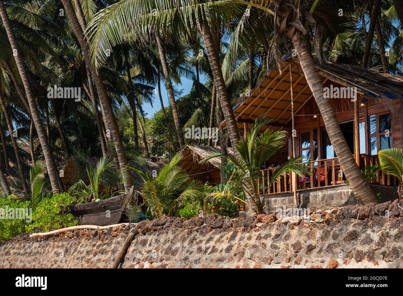 Wooden bungalows on Colva Beach, South Goa, India Stock Photo