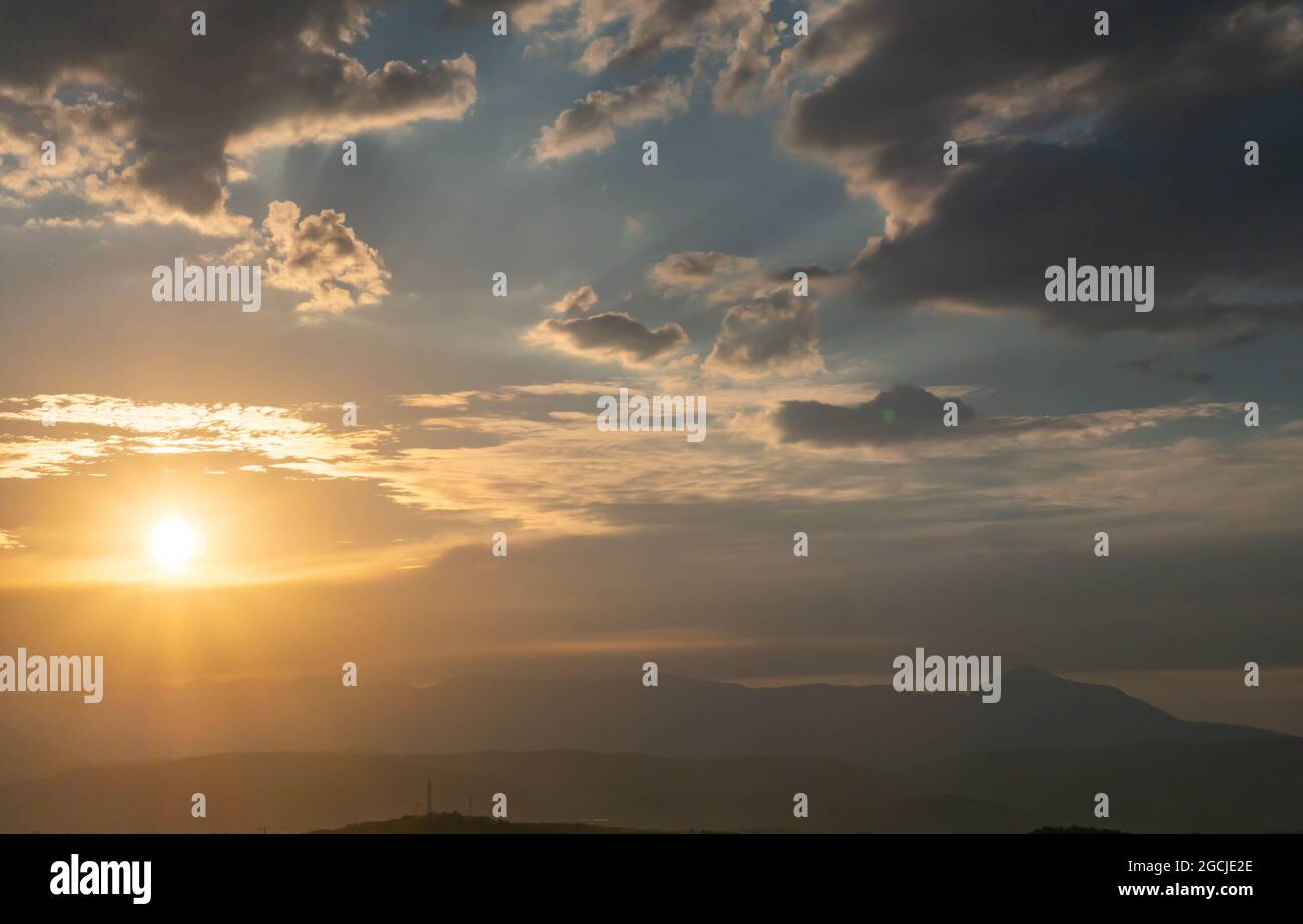 panorama of a fiery sunrise - sunset in the sky Stock Photo - Alamy