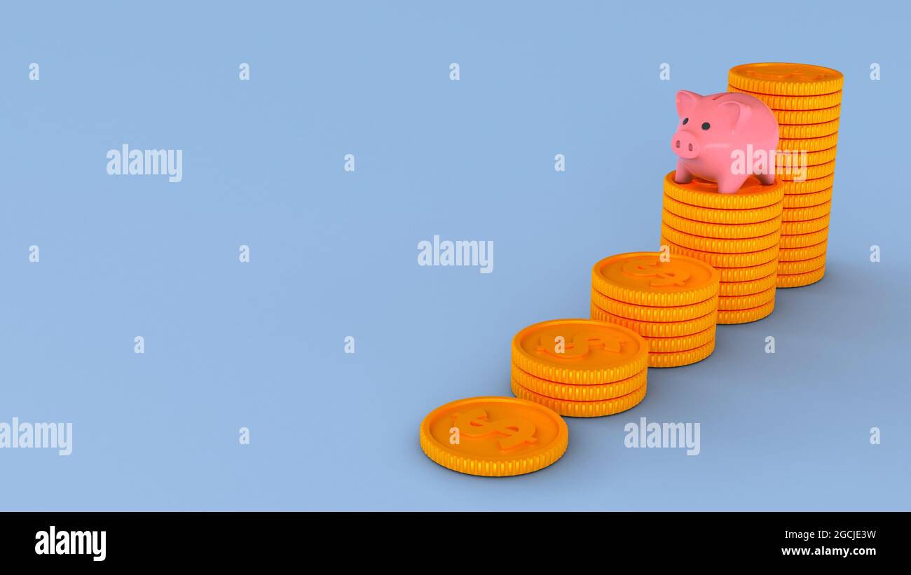 Piggy bank and stacks of coins. Savings growth concept. Blue background ...