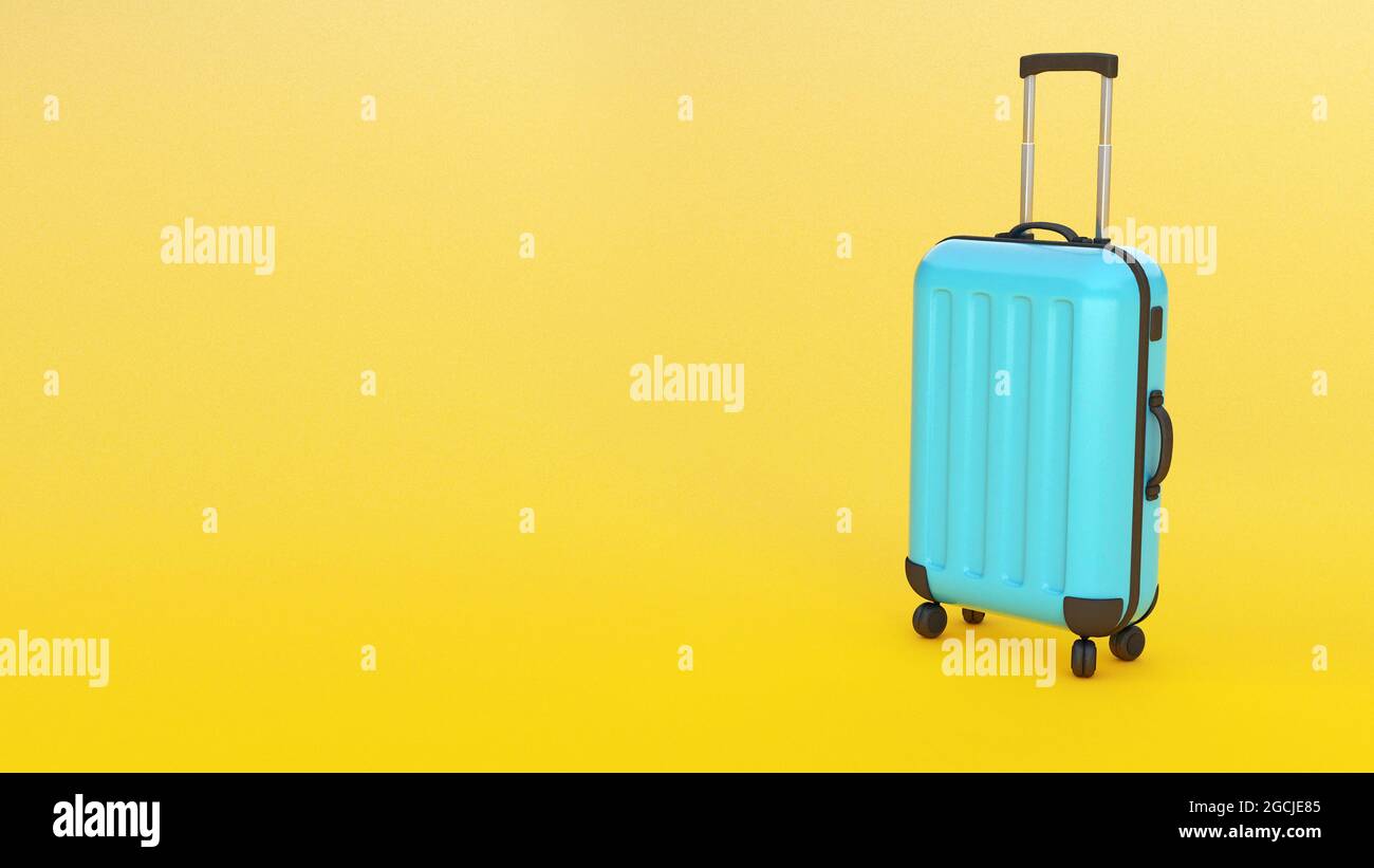 Blue suitcase on a yellow background. Copy space for text. 3d render. Stock Photo