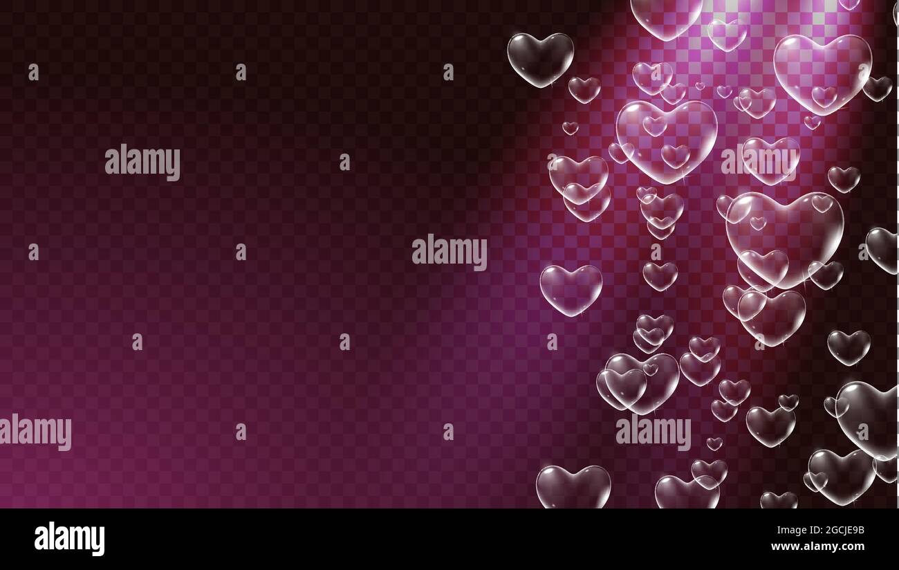 Dark red transparent background with white heart-shaped soap bubbles ...