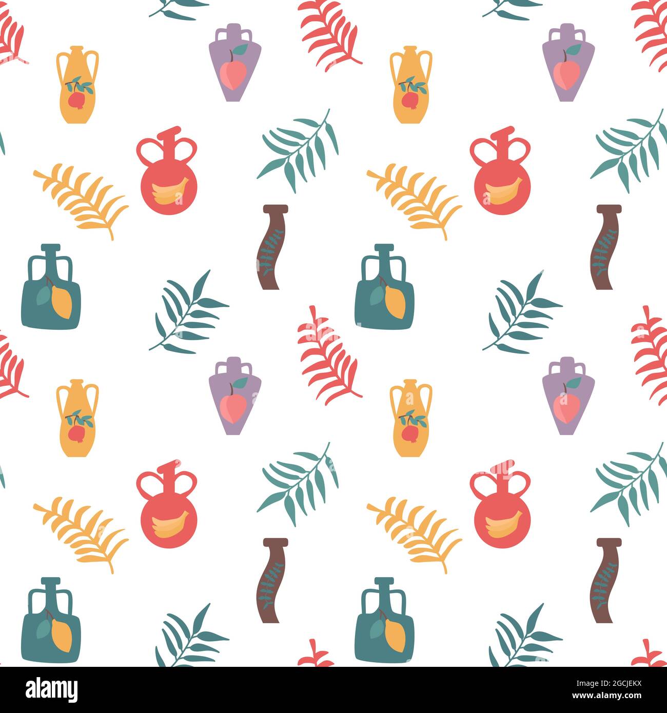 Seamless jugs pattern with fruit. Isolated vector background Stock Vector
