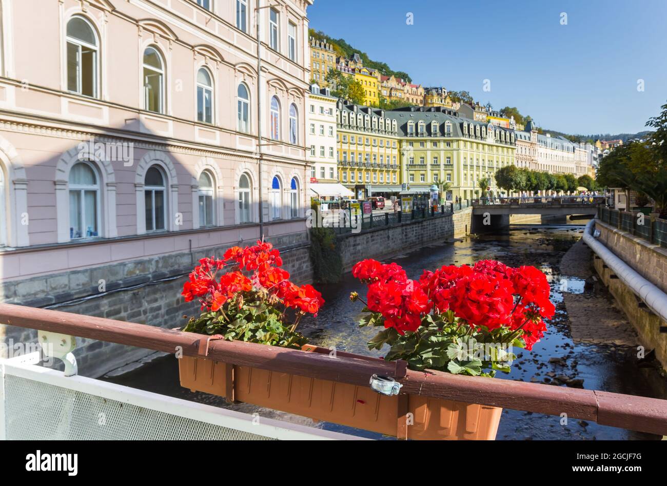 Red flowers on the bridge in the historic center of Karlovy Vary, Czech Republic Stock Photo