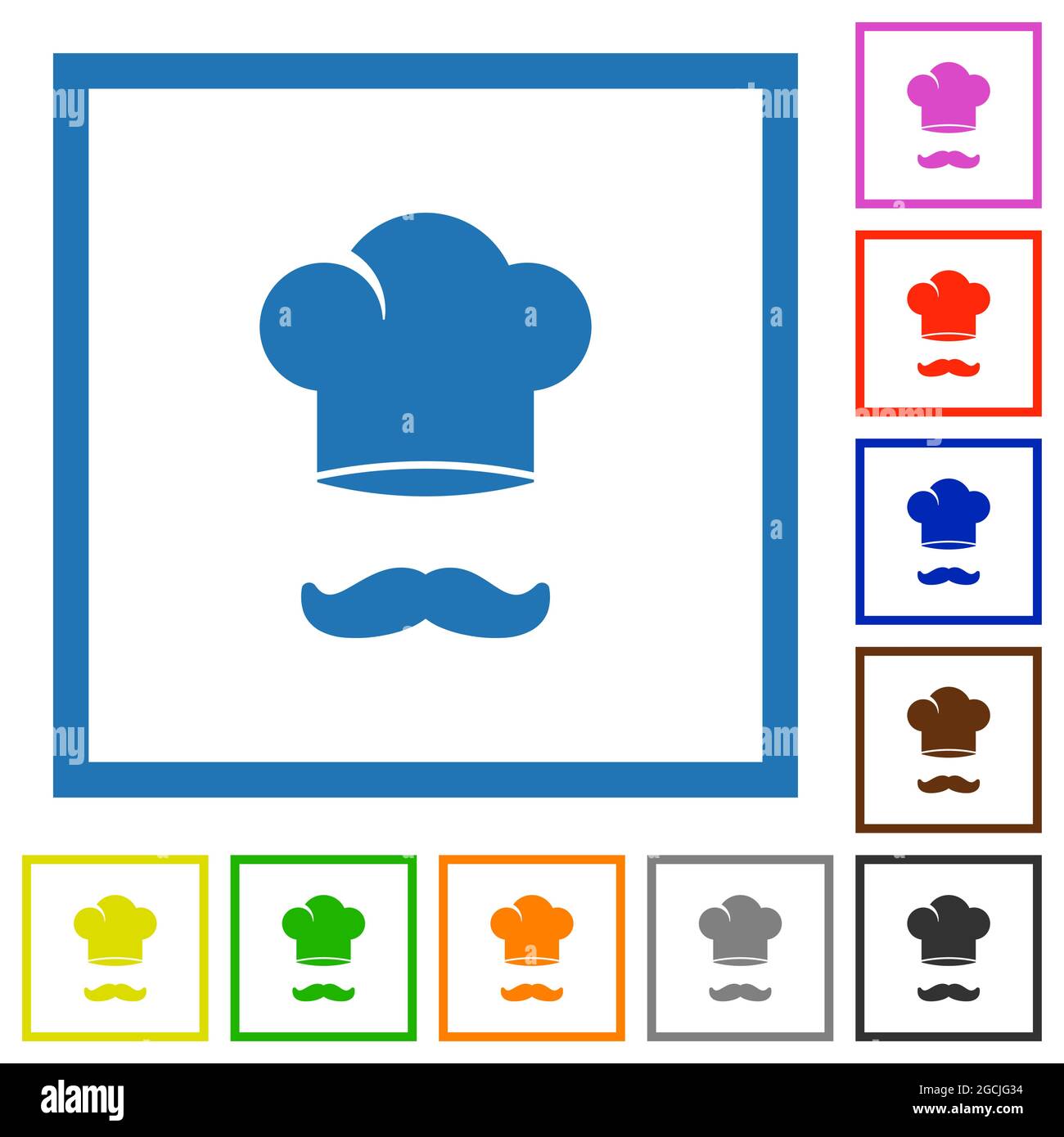 Chef hat and mustache flat color icons in square frames on white ...