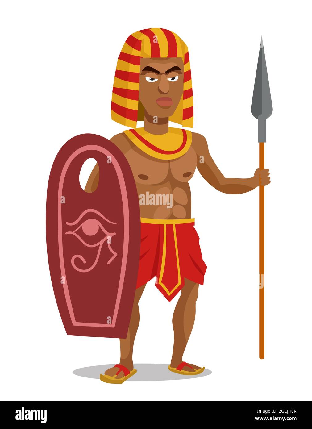 Egyptian warrior holding shield and spear. Male character in cartoon style. Stock Vector