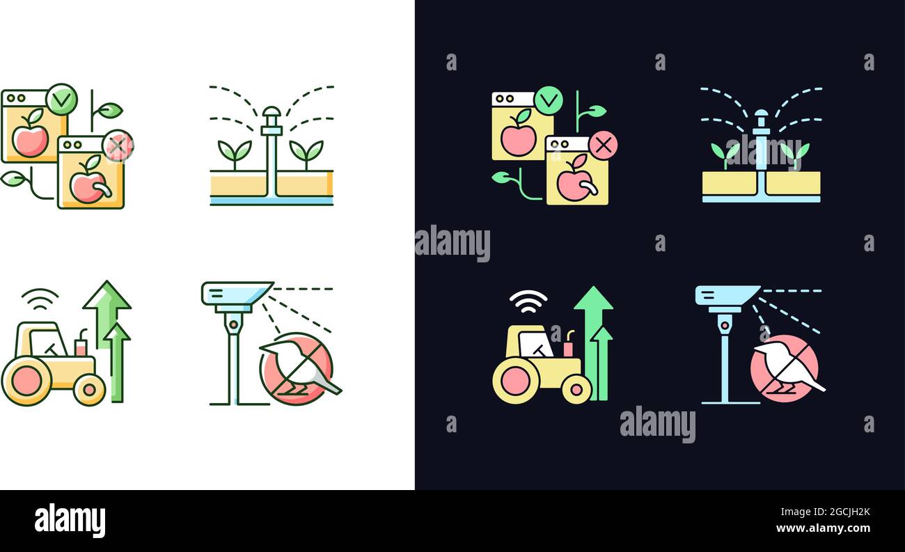 Automated systems in agriculture light and dark theme RGB color icons set Stock Vector