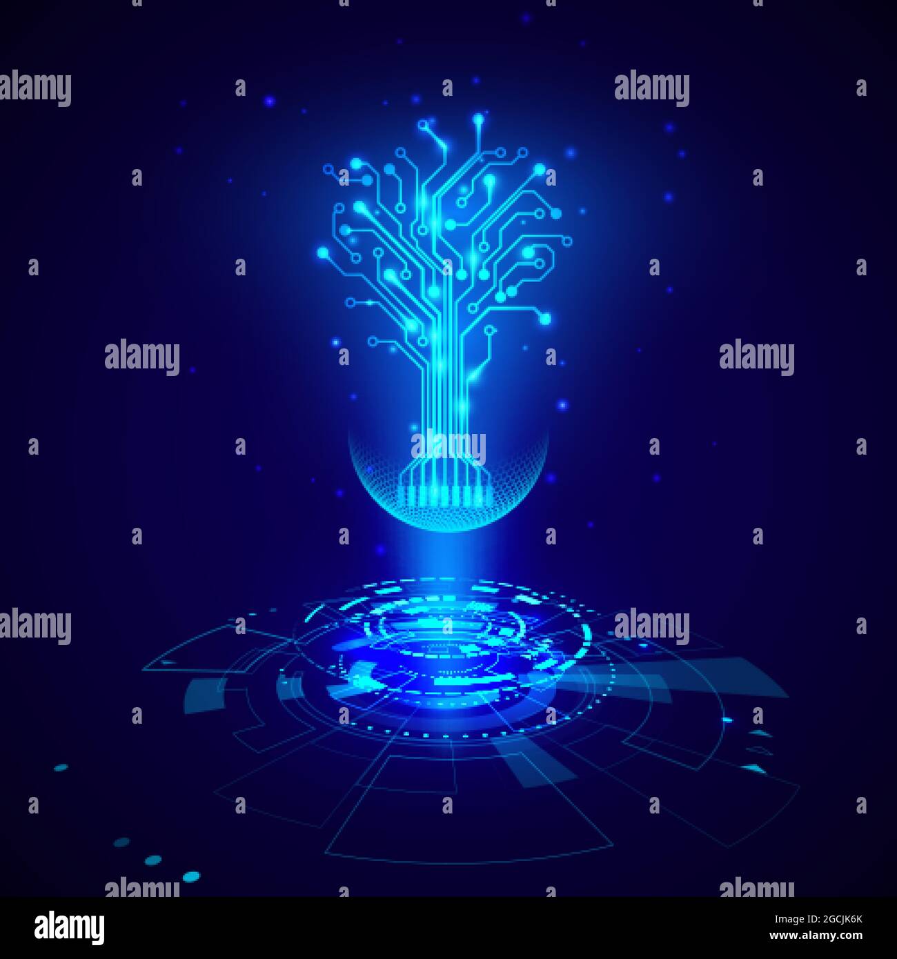 Futuristic HUD elements. Abstract hi-tech circles with circuit tree hologram elements virtual reality. Sci fi futuristic User Interface. Vector illust Stock Vector