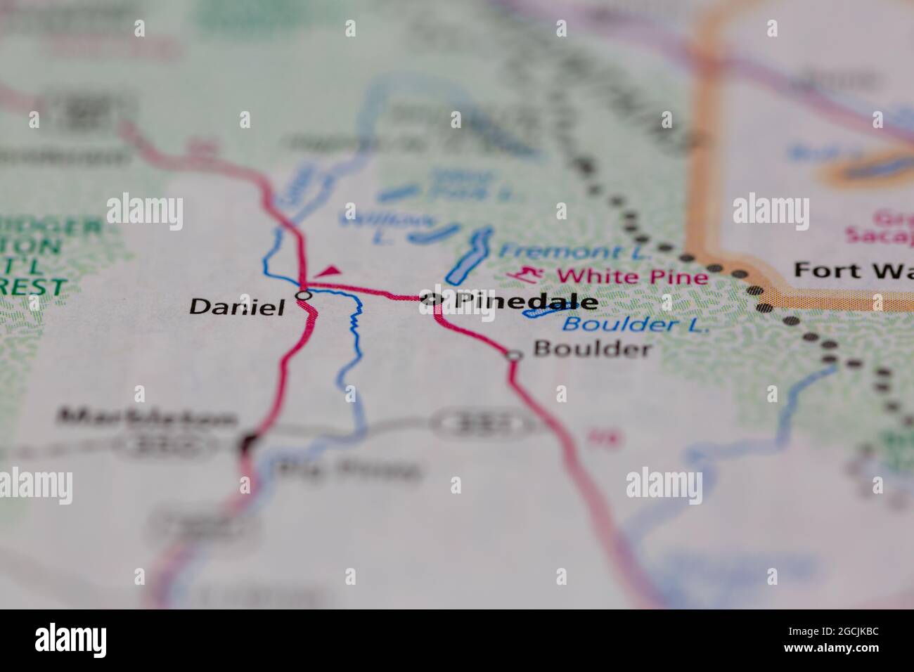 Pinedale Wyoming USA shown on a road map or Geography map Stock Photo