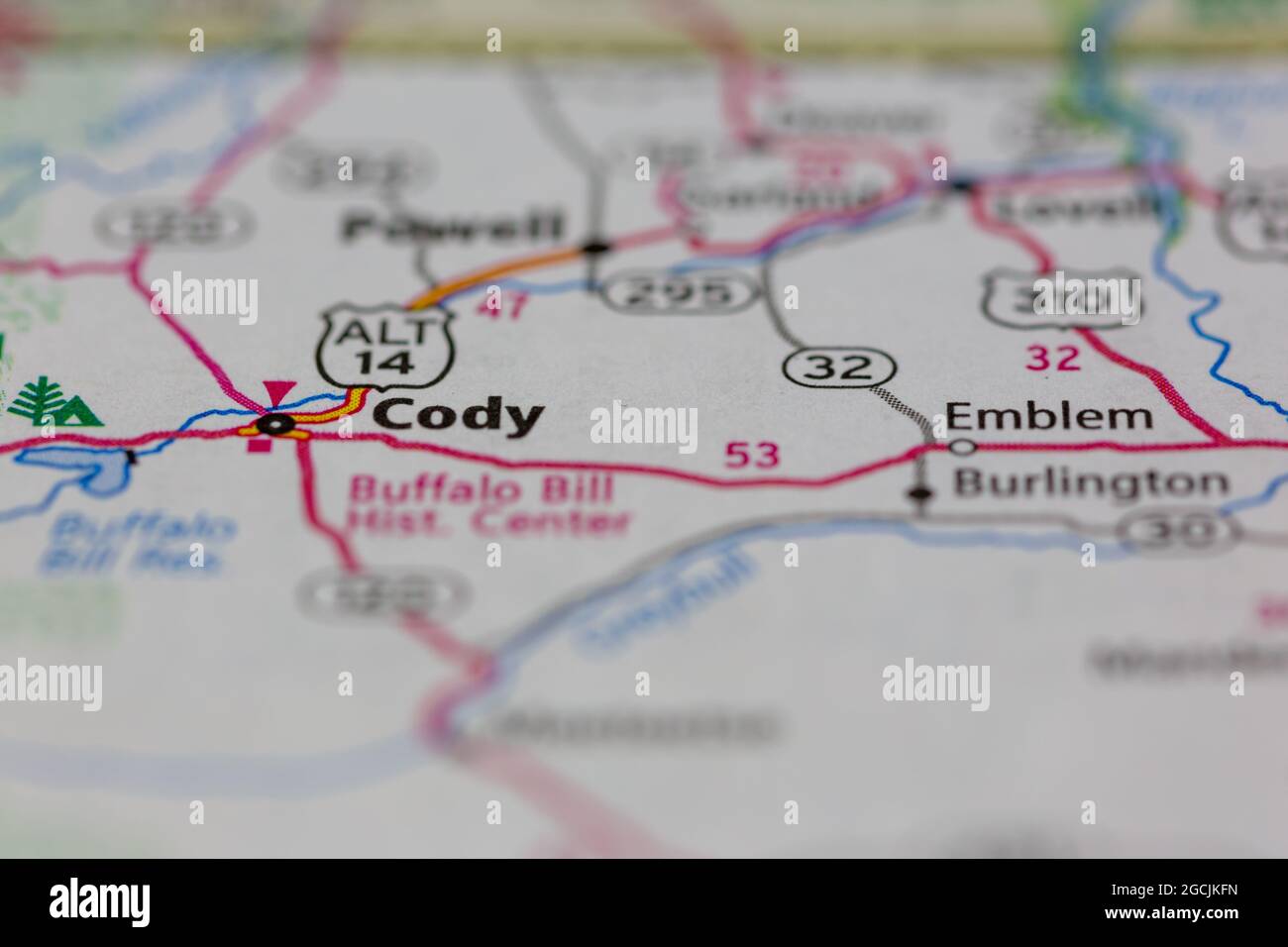 Emblem Wyoming USA shown on a road map or Geography map Stock Photo Alamy