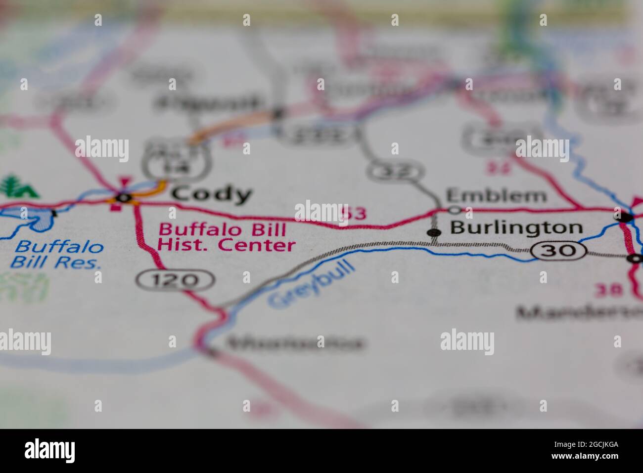 Burlington Wyoming USA shown on a road map or Geography map Stock Photo