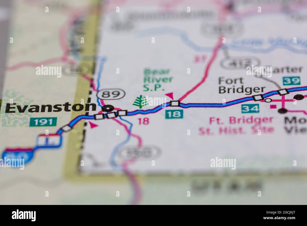 Evanston Wyoming USA shown on a road map or Geography map Stock Photo