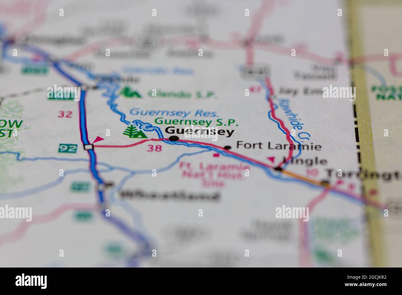 Guernsey Wyoming USA shown on a road map or Geography map Stock Photo