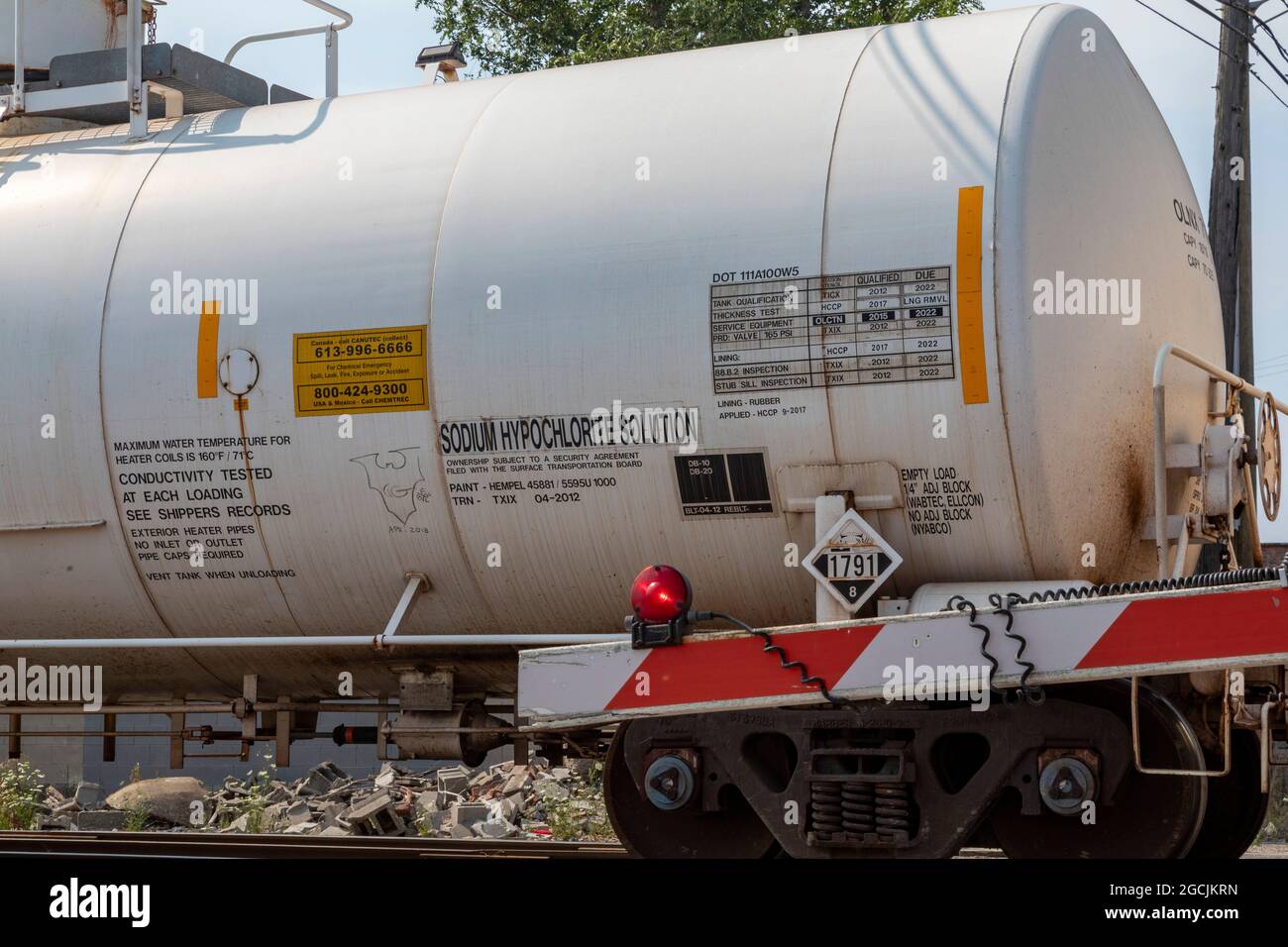 Detroit, Michigan - A railroad chemical tank car containing sodium hypochlorite solution near downtown Detroit. Stock Photo