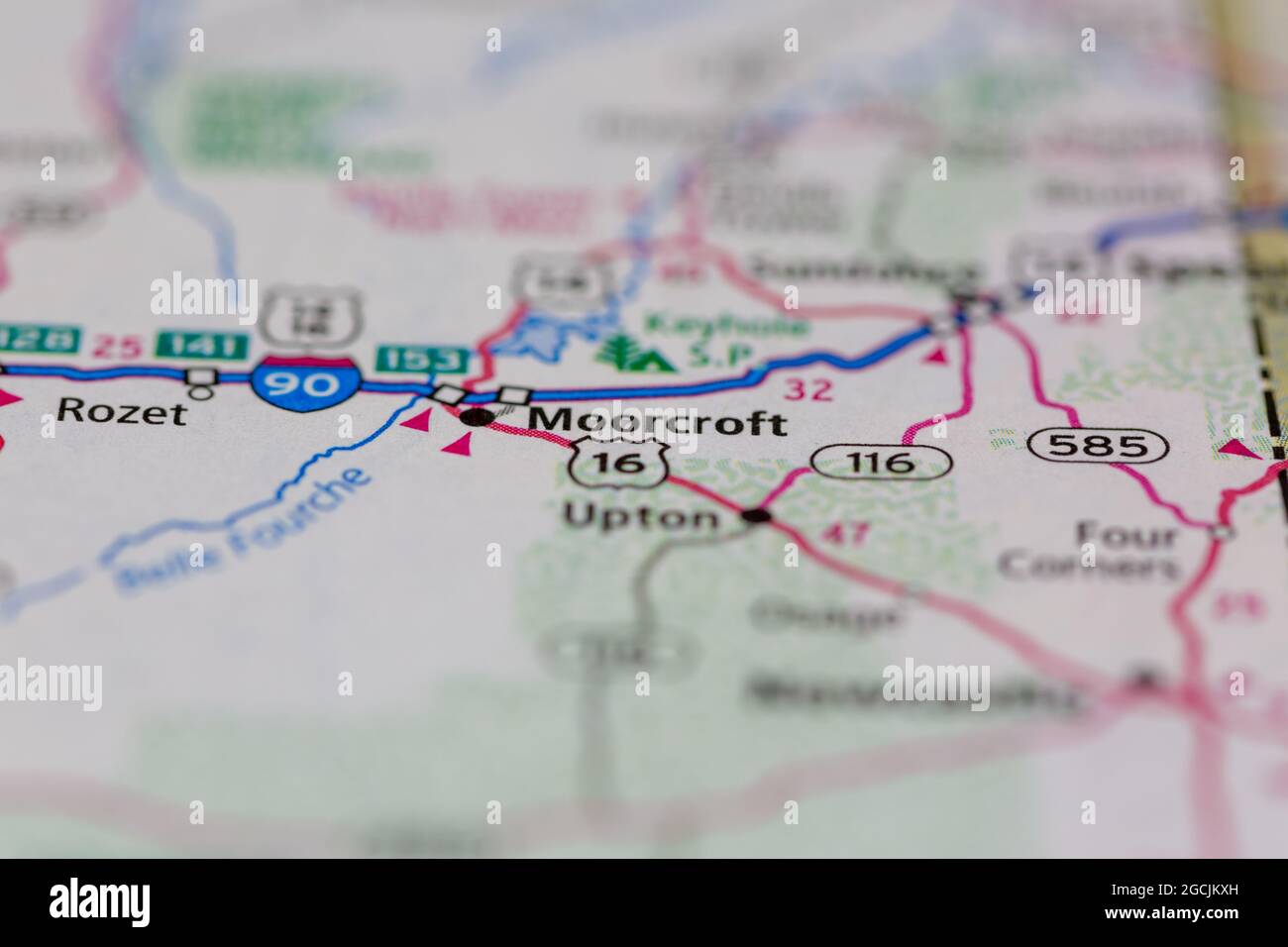 Moorcroft Wyoming USA shown on a road map or Geography map Stock Photo