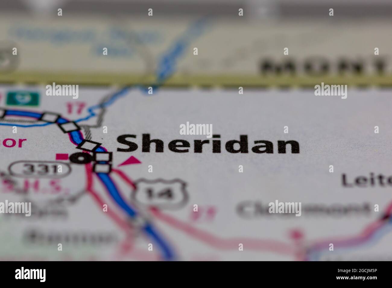 Sheridan Wyoming USA shown on a road map or Geography map Stock Photo