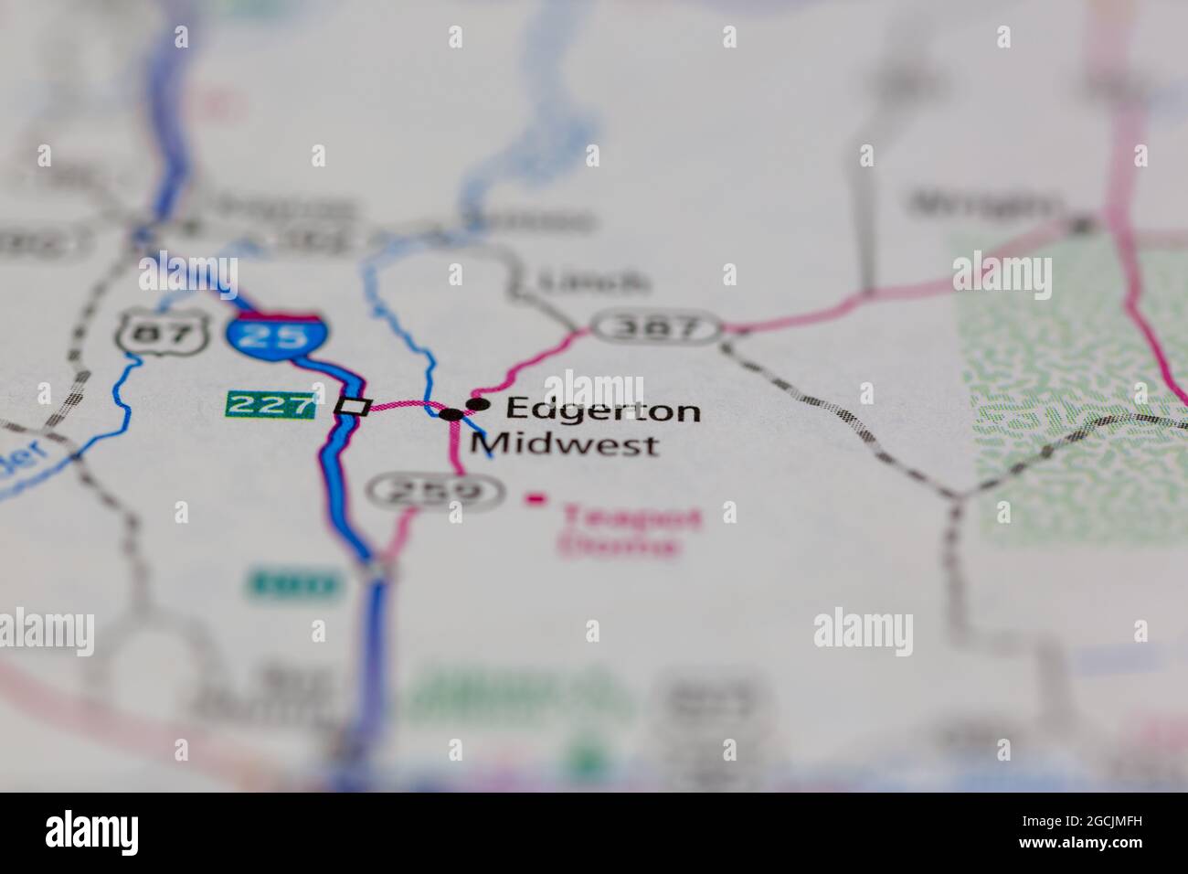 Edgerton Wyoming USA shown on a road map or Geography map Stock Photo