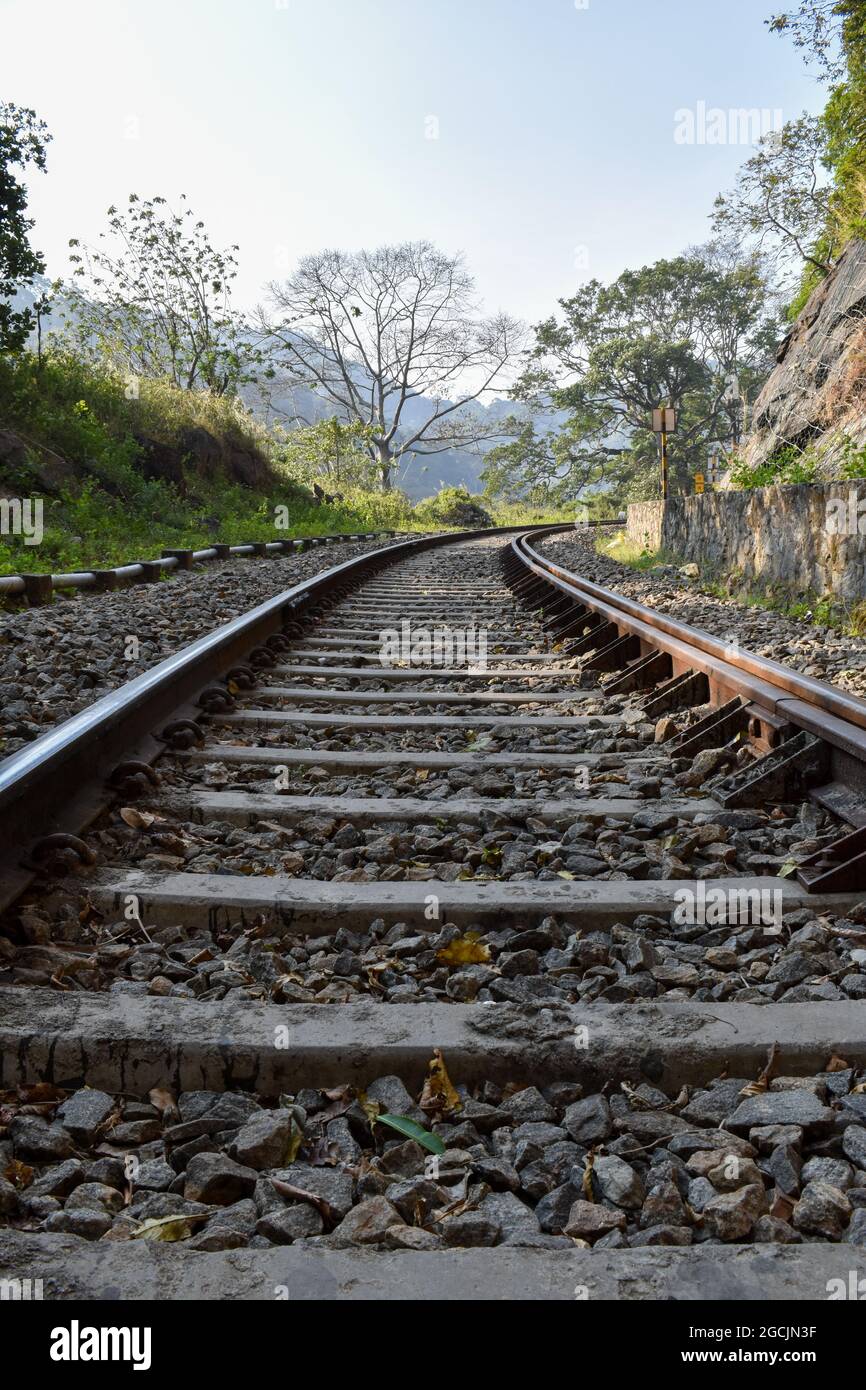 Vertical shot of the train tracks in the forest and mountains captured in  Thenmala, Kerala, India Stock Photo - Alamy
