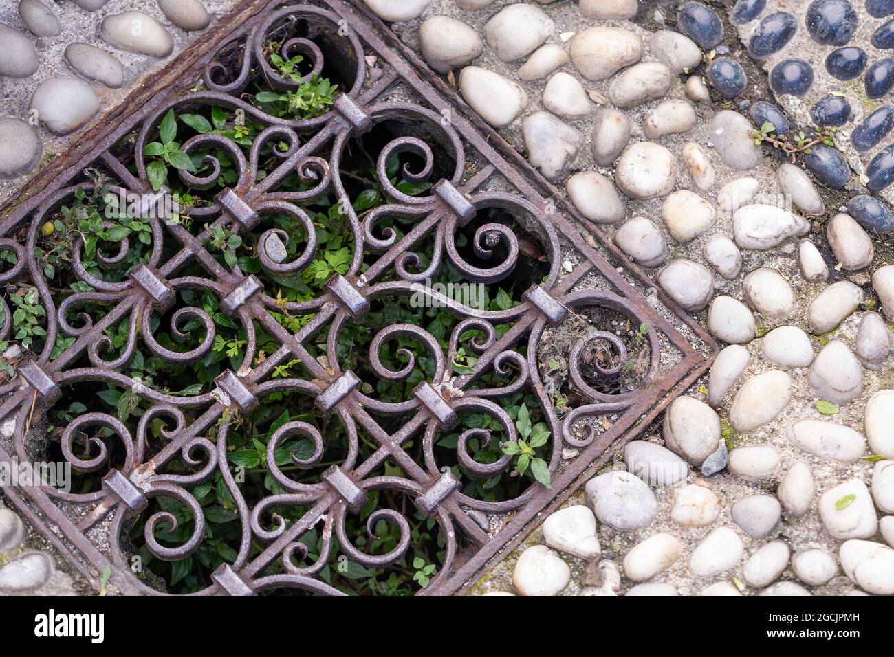 old sewerage grid and cobblestone, detail, Isola Bella, Stresa, Lake Maggiore, Piedmont, Italy Stock Photo