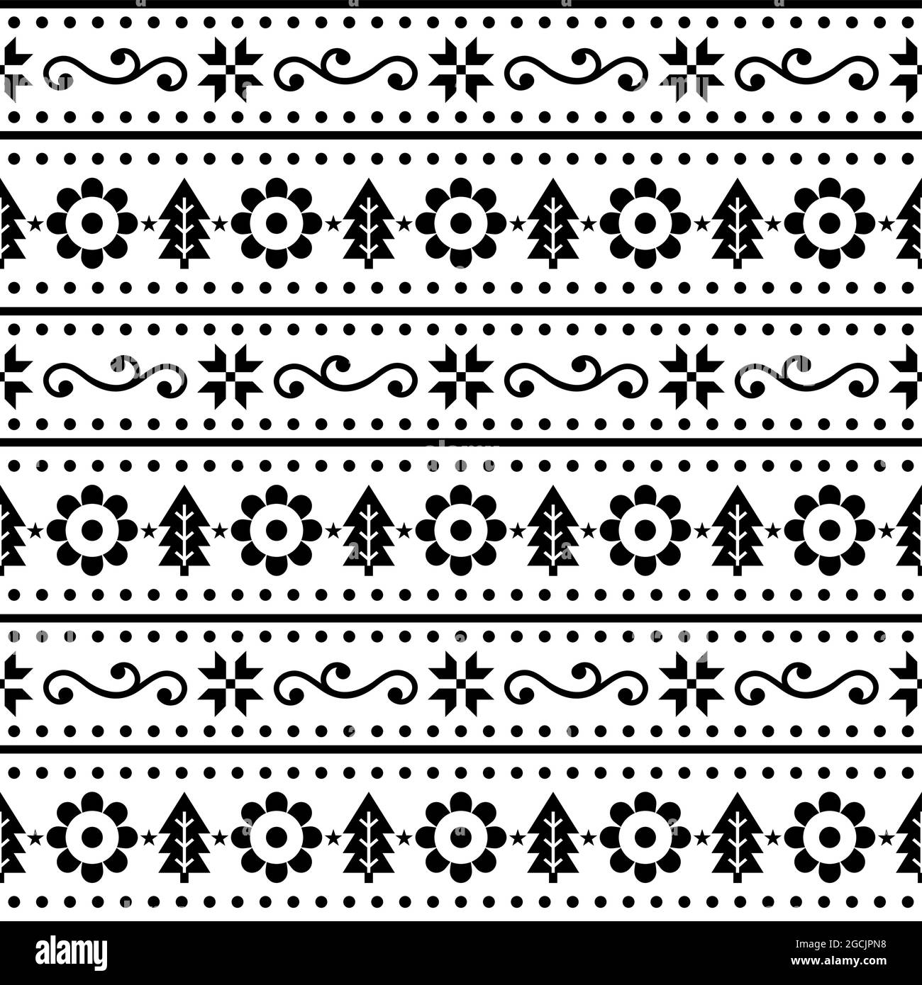 Christmas Scandinavain folk art vector seamless pattern, Nordic festive design with snowflakes, flowers, Xmas trees in black on white background Stock Vector