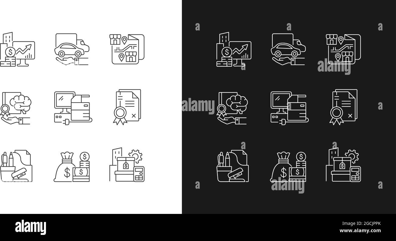 Office supplies and technical equipment linear icons set for dark and ...