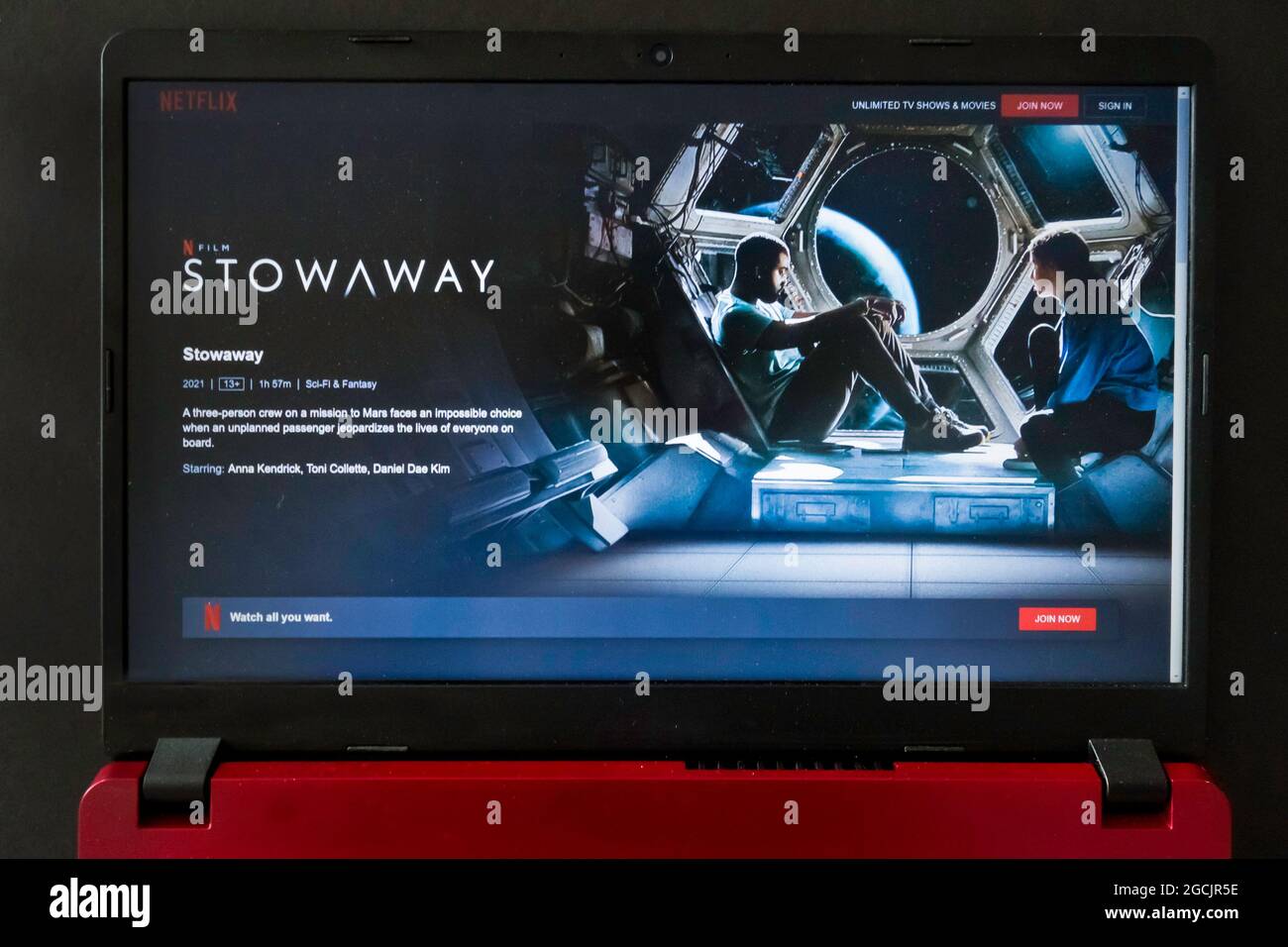 laptop screen with Netflix movie stowaway Stock Photo