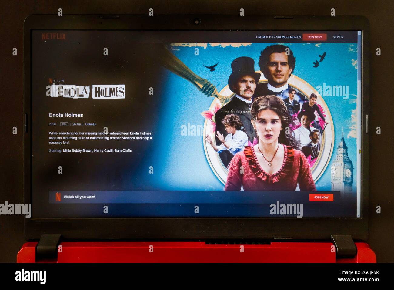 laptop screen with Netflix movie Enola Holmes Stock Photo