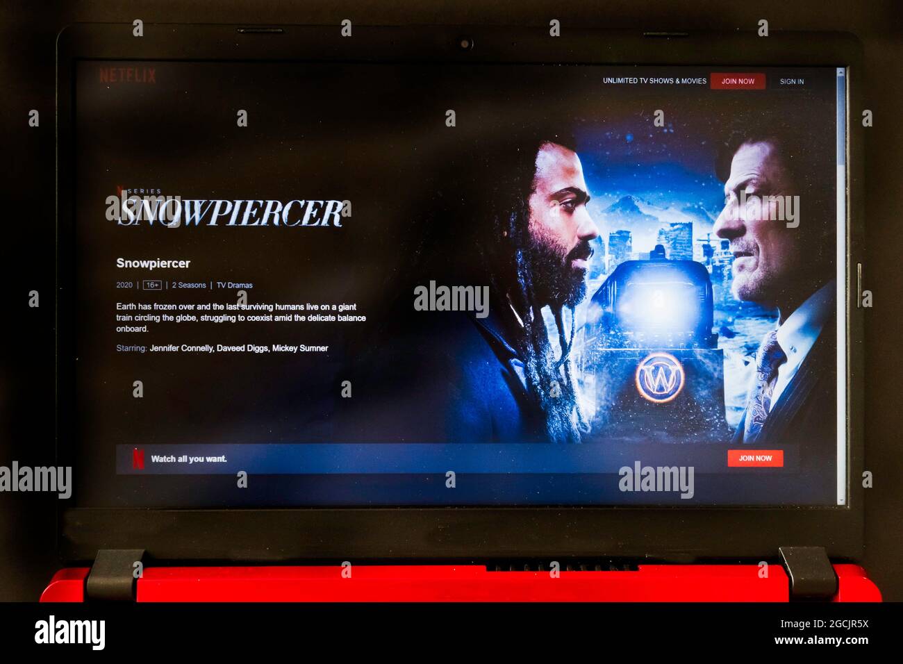 laptop screen with Netflix tv series Snowpiercer Stock Photo