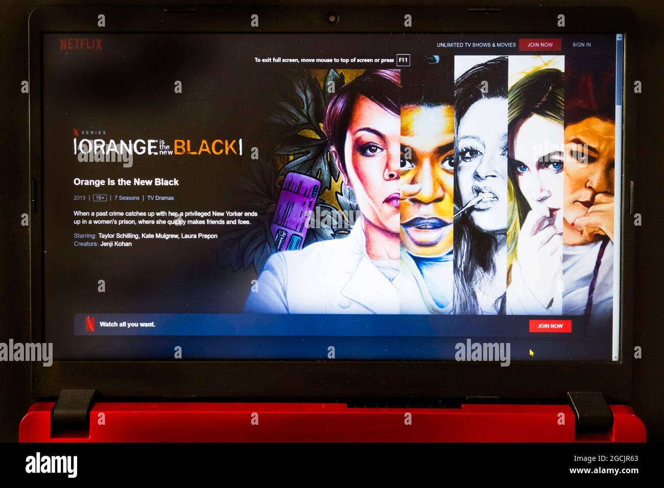 laptop screen with Netflix tv series Orange is the new black Stock Photo