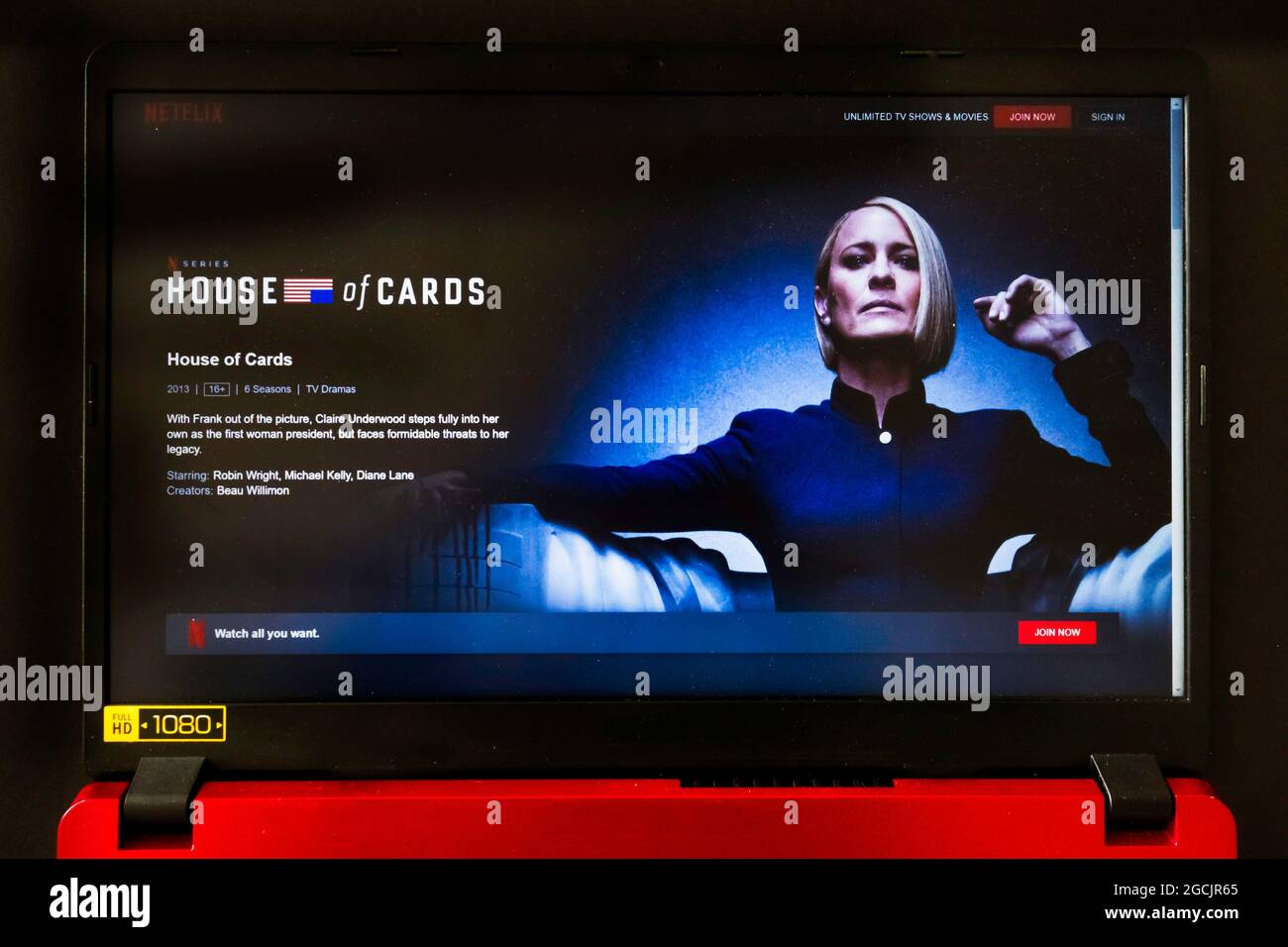 laptop screen with Netflix tv series House of cards Stock Photo