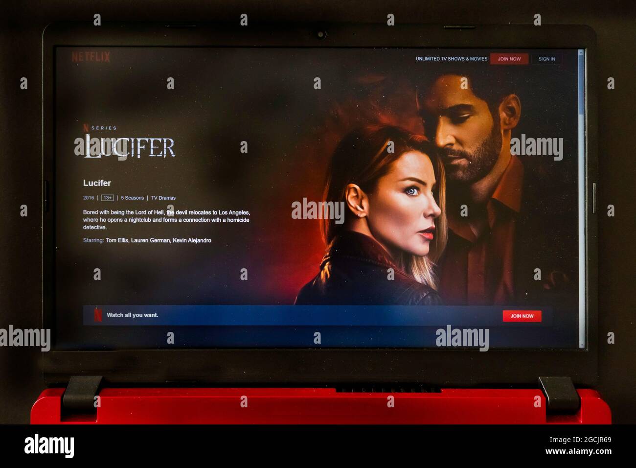 laptop screen with Netflix tv series Lucifer Stock Photo