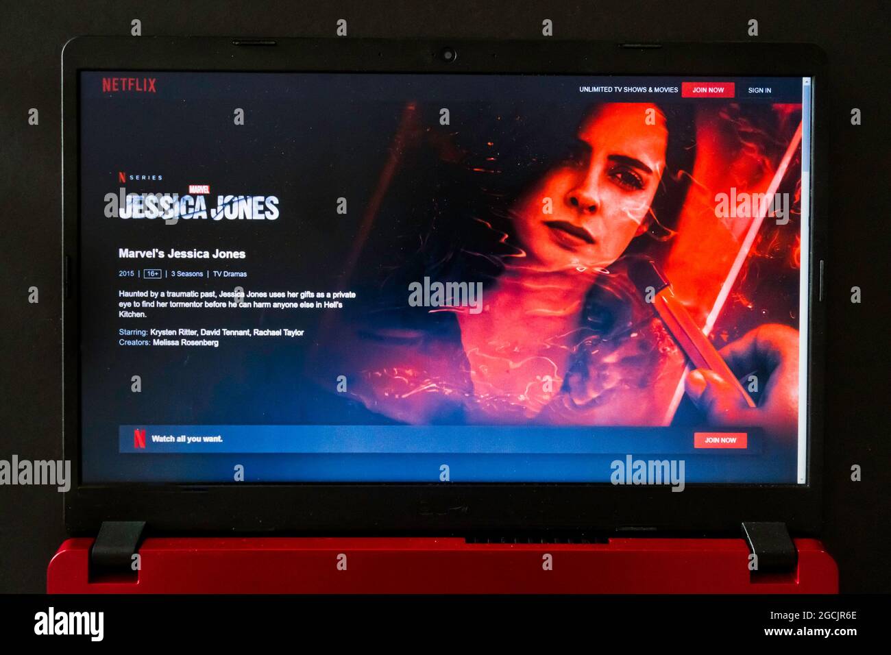 laptop screen with Netflix tv series Jessica Jones Stock Photo