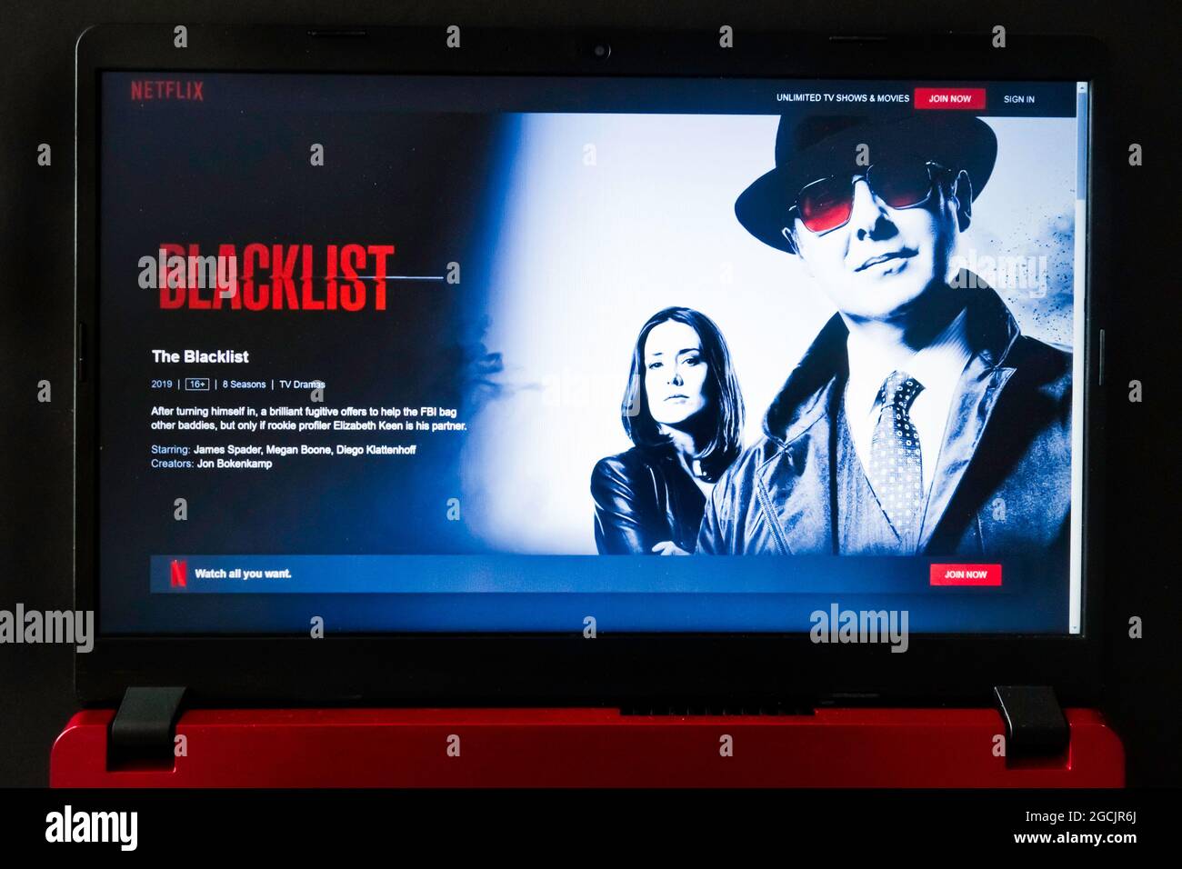 laptop screen with Netflix tv series Blacklist Stock Photo