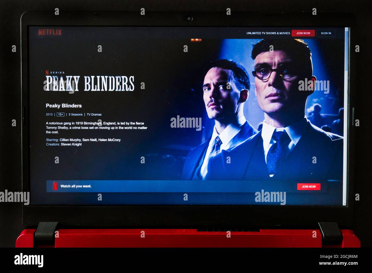 laptop screen with Netflix tv series Peaky Blinders Stock Photo