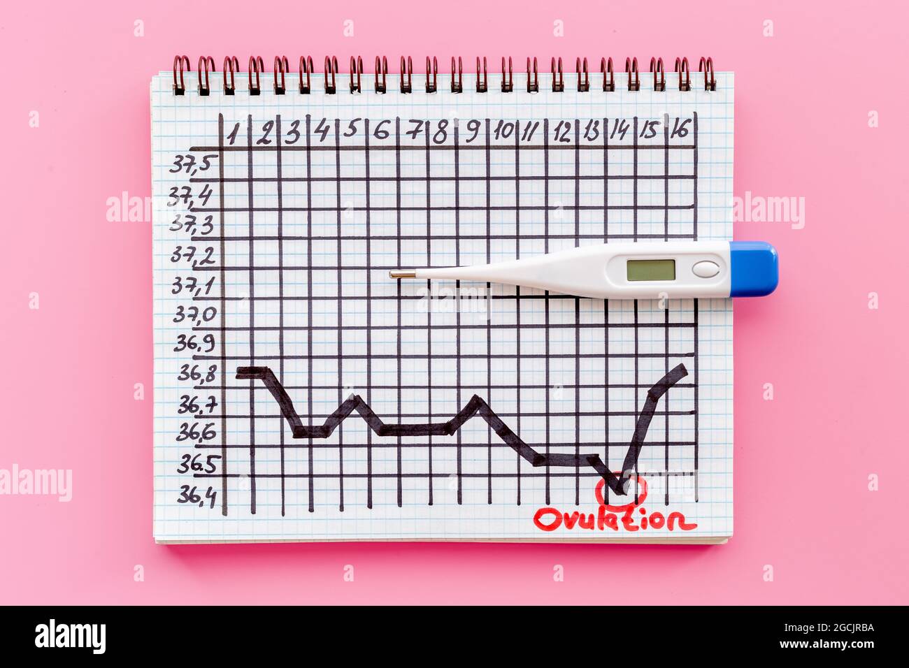 Basal ovulation temperature chart with thermometer, top view Stock