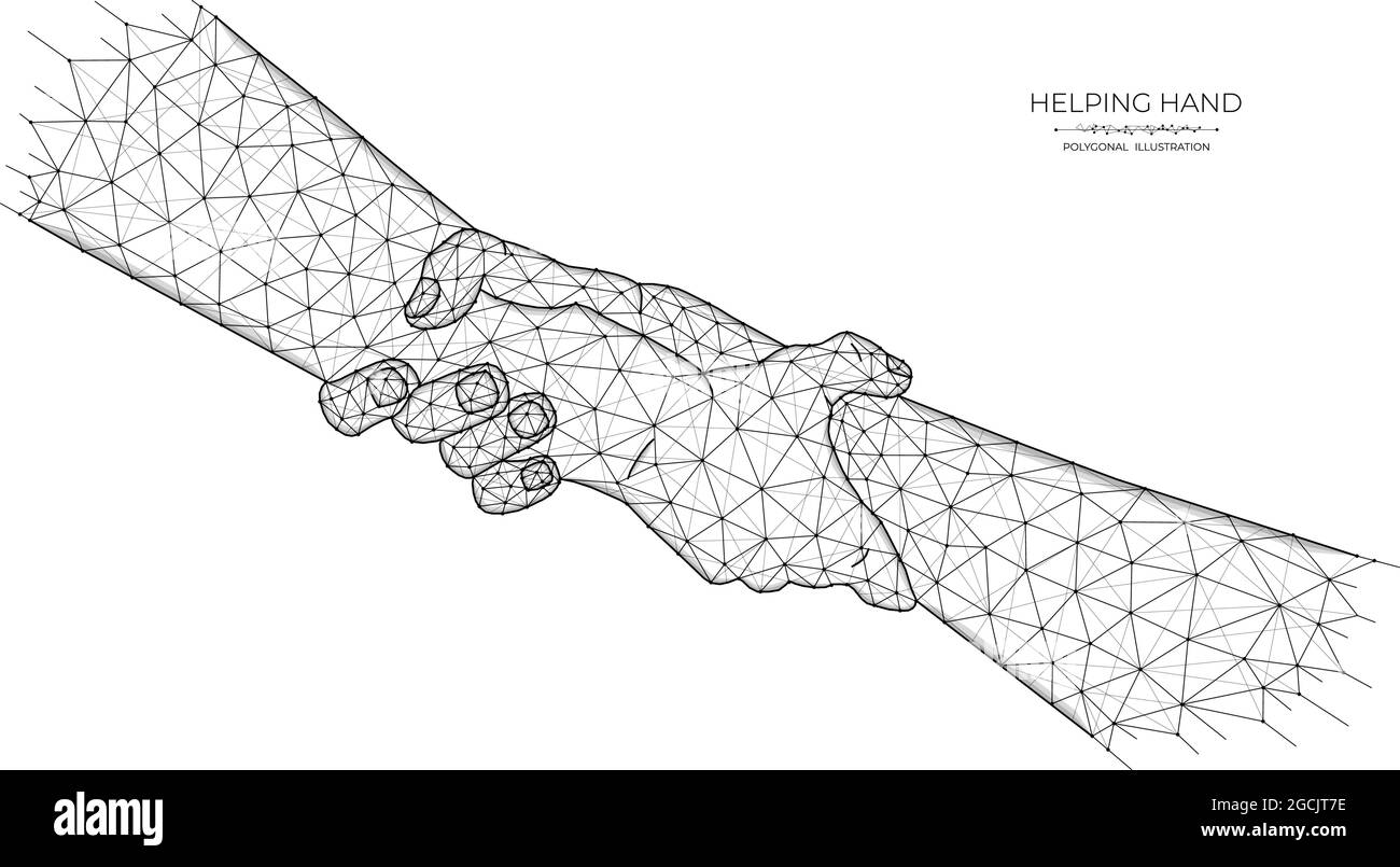 Helping hand low poly art. Polygonal illustration of human hands holding each other. Stock Vector